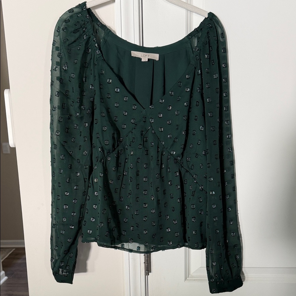 LOFT Forest Green Sheer Textured Long-Sleeve Blouse